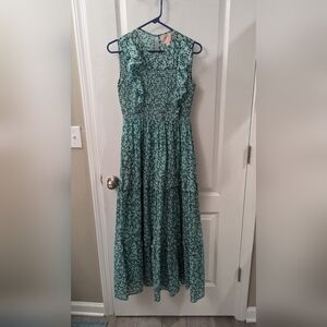 Banjanan Teal Black Cotton Tiered Smocked Iris Maxi Dress small